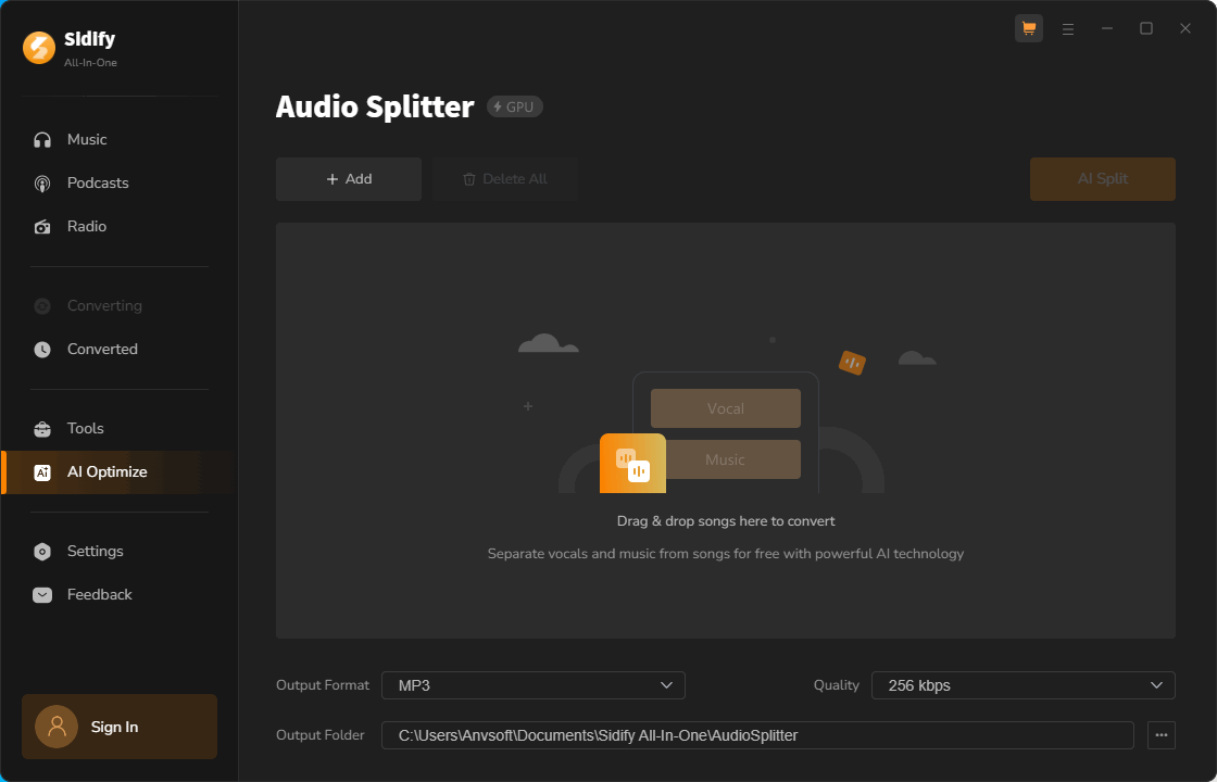 Main interface of Sidify AI Audio Splitter