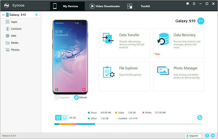 Main interface of Syncios Manager