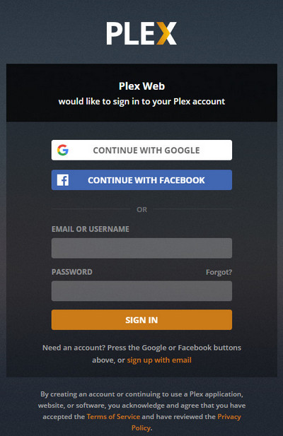 Sign in Plex Media Server
