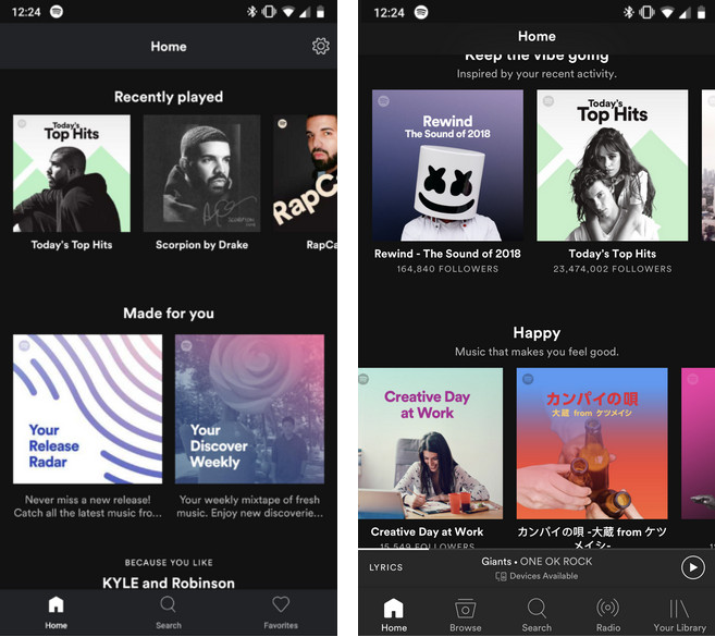 spotify lite vs. spotify: main interface